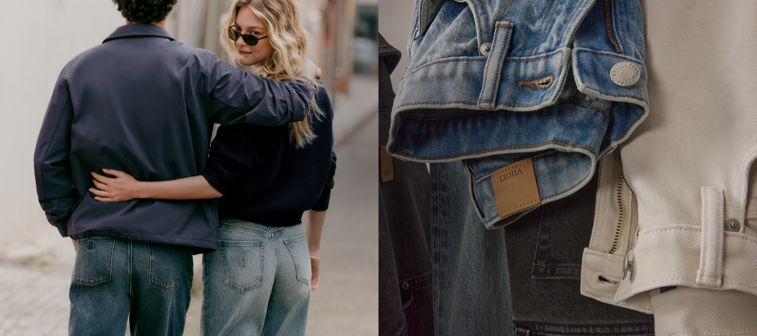 man and woman wearing vuori denim