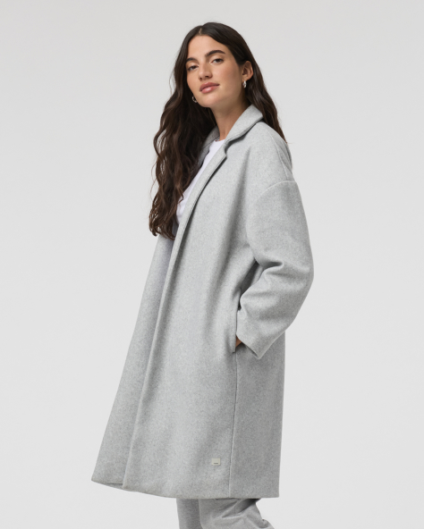 woman wearing Soho Melton Trench in Light Heather Grey
