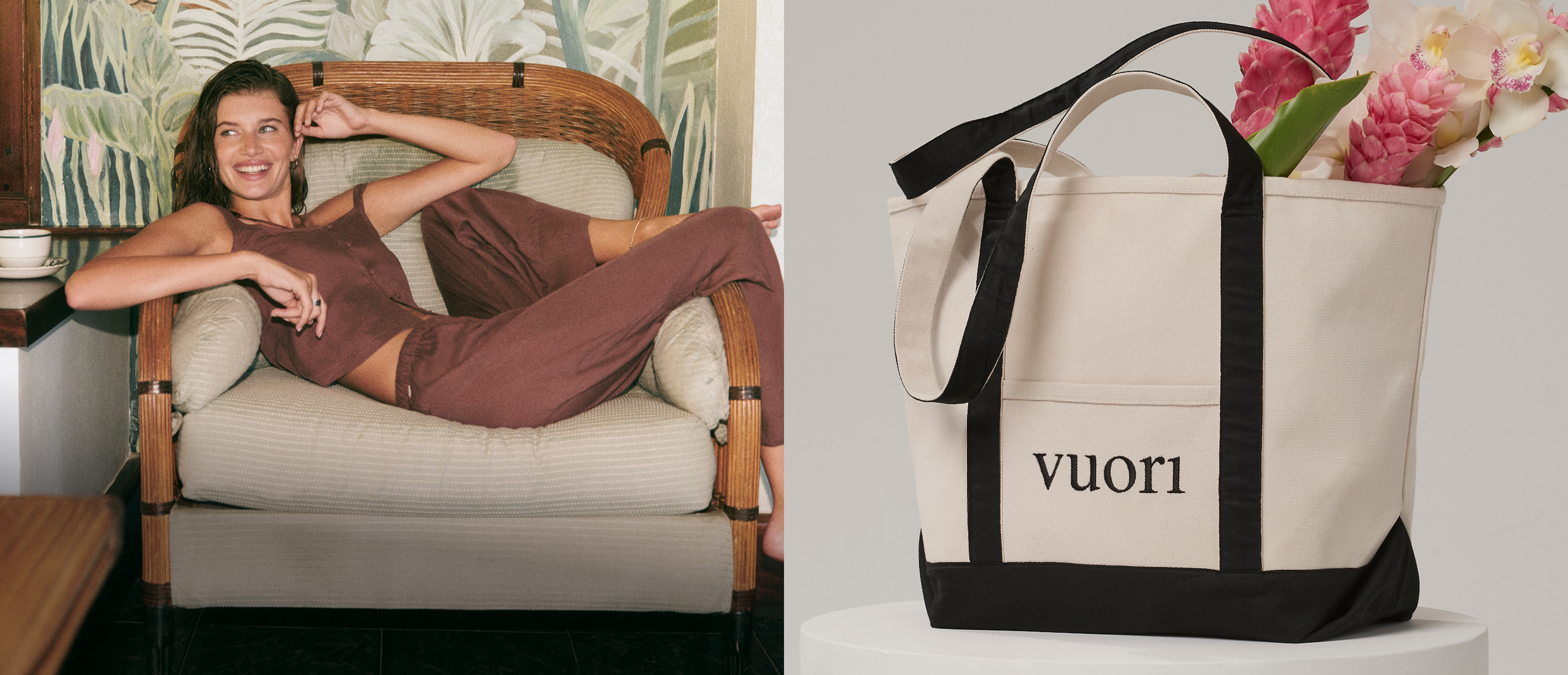 woman wearing vuori with tote bag 