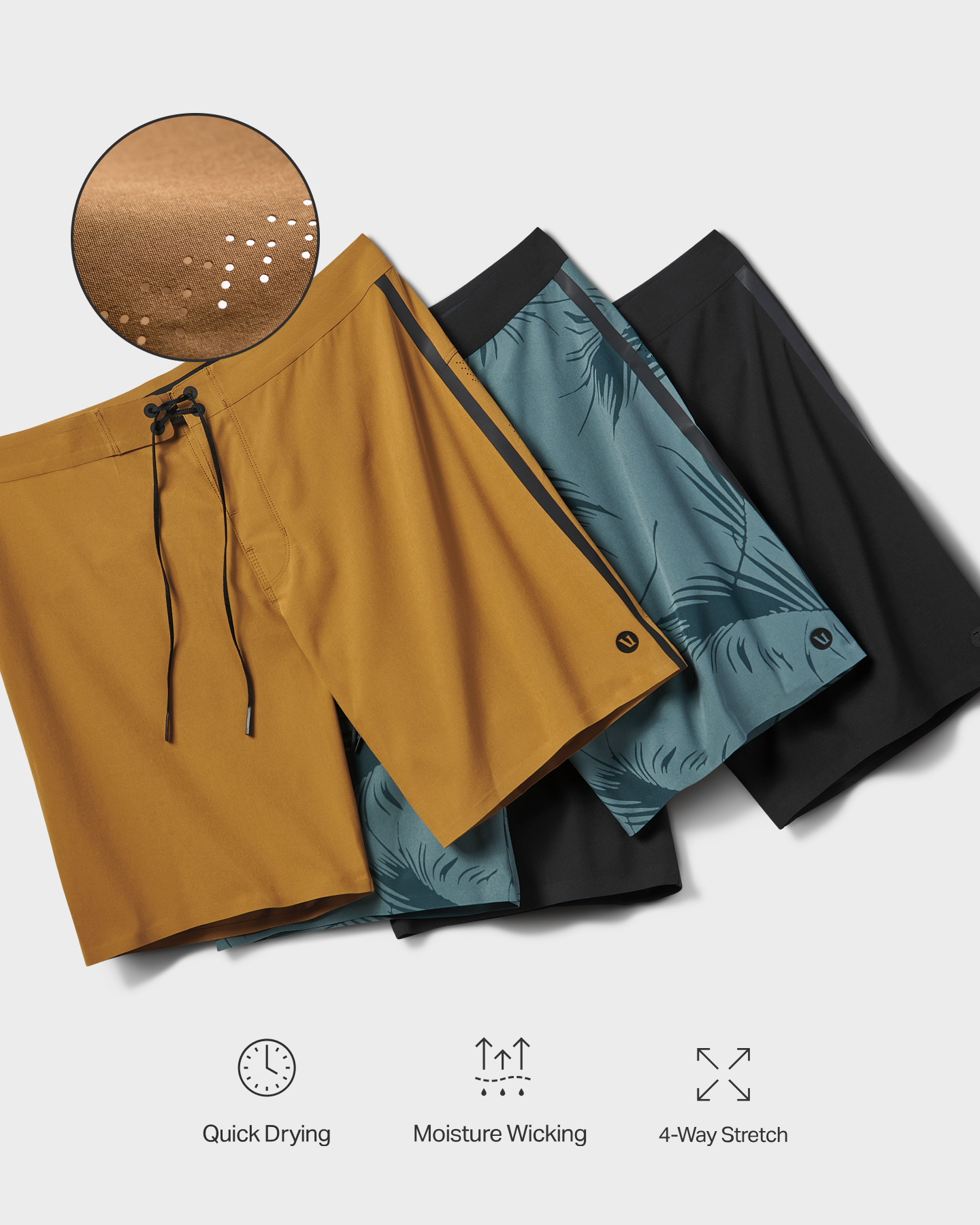 knox boardshorts on white background showing lazer cut drain holes