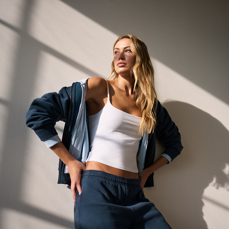 model wearing the restore full zip hoodie