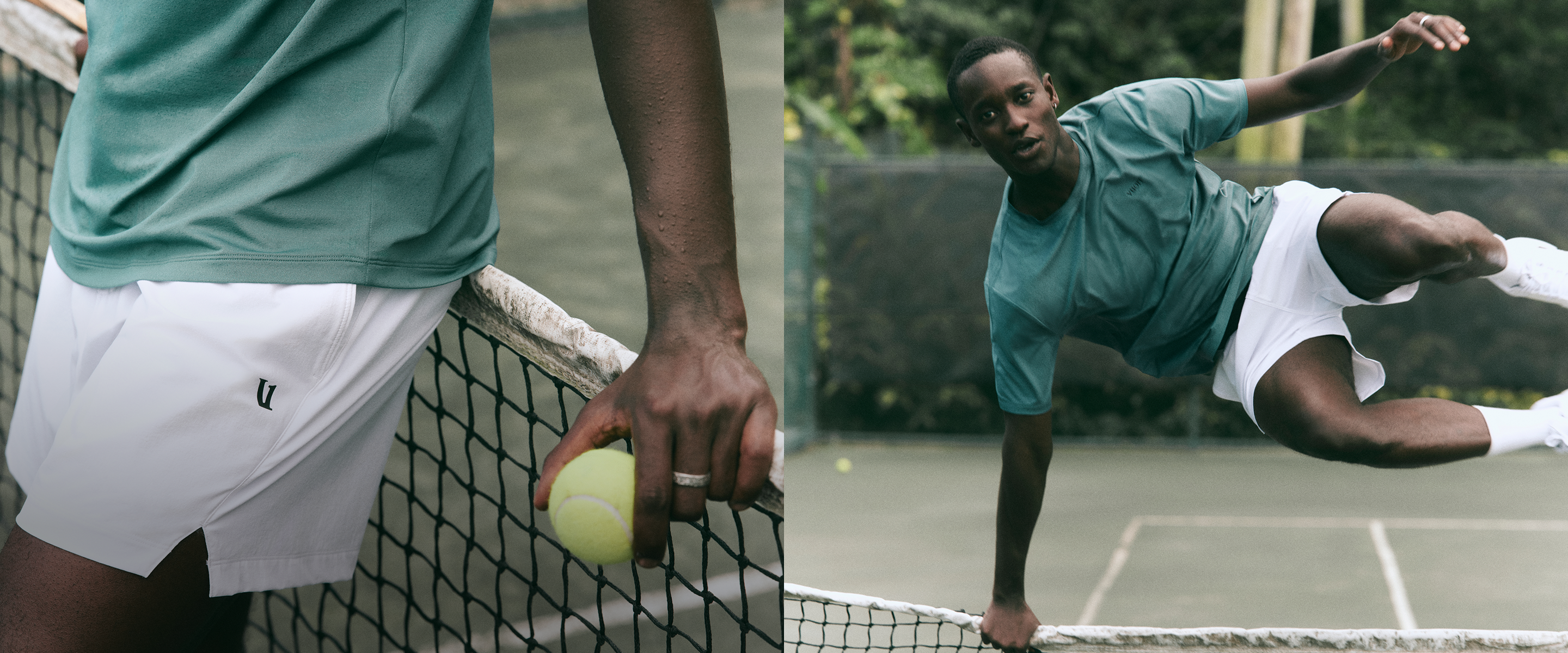 man wearing vuori clothing on tennis court
