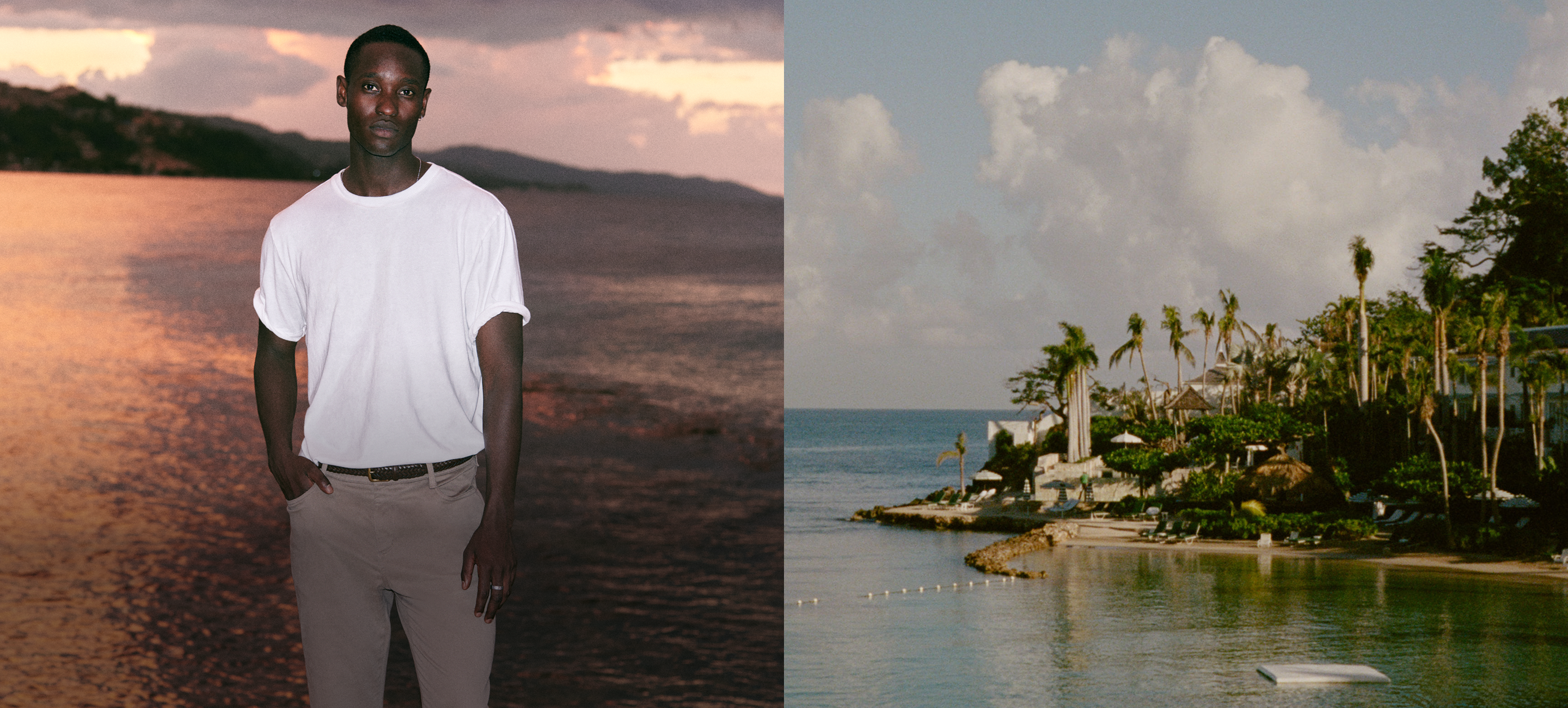 man wearing vuori clothing in front of sunset