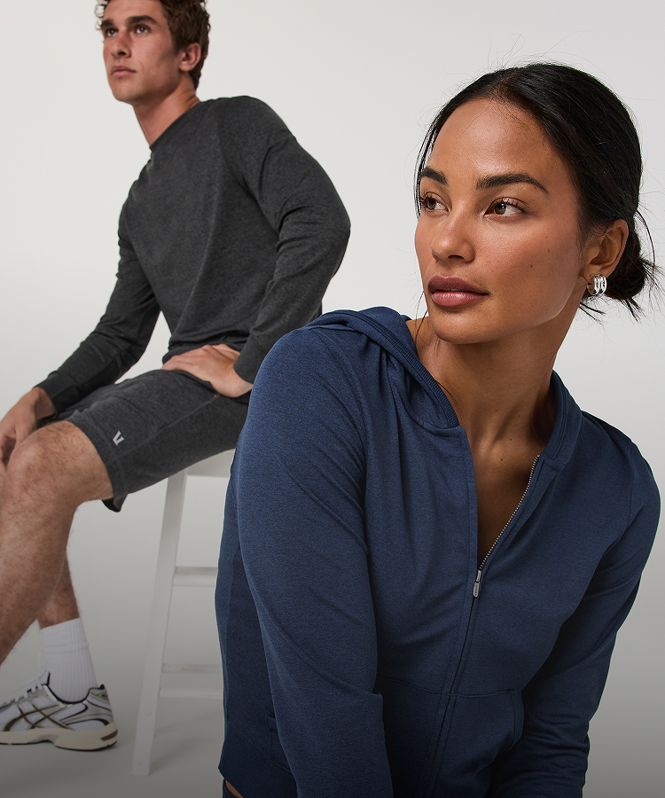 man and woman wearing vuori dreamknit