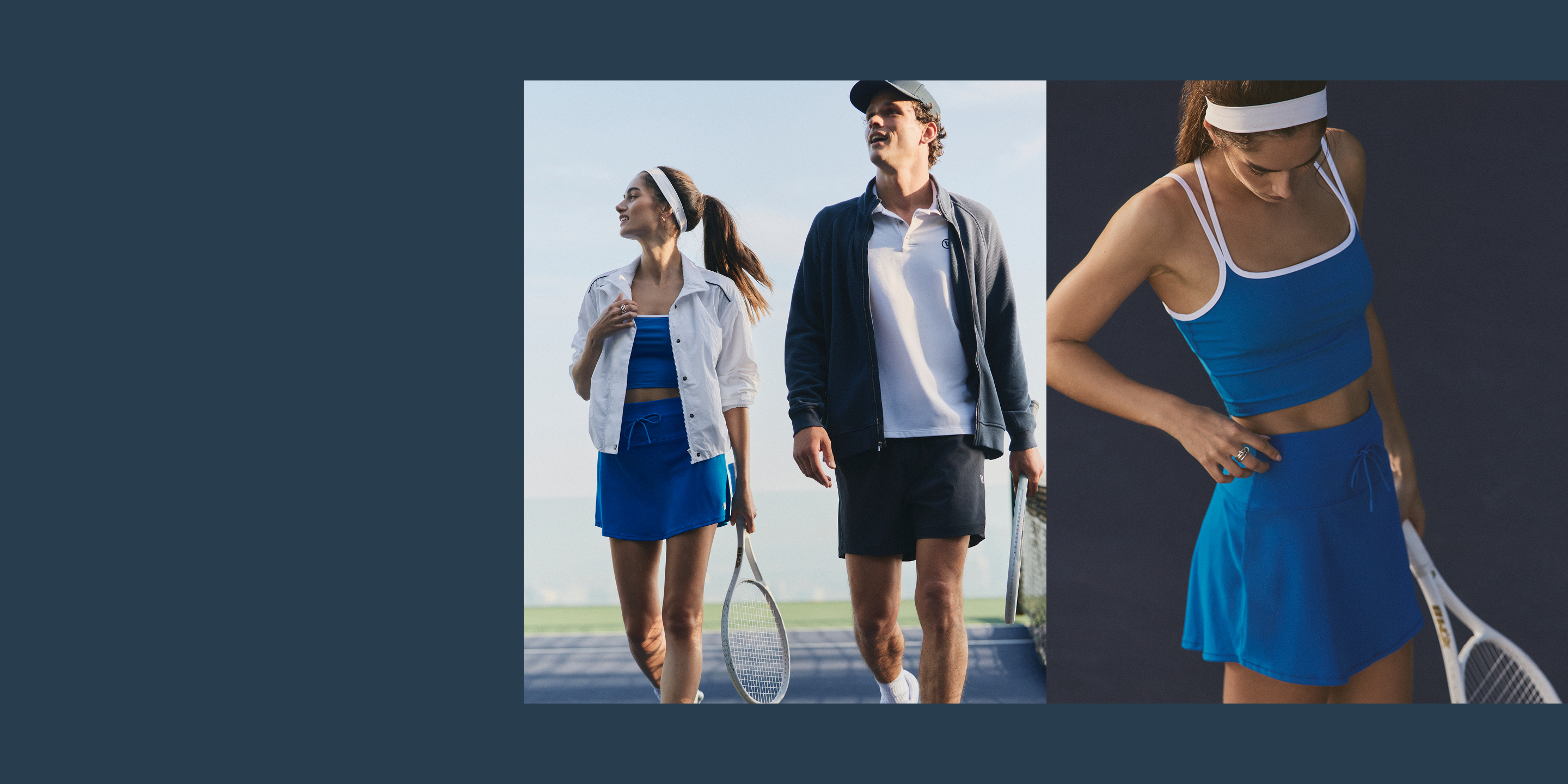 man and woman wearing vuori clothing on a tennis court