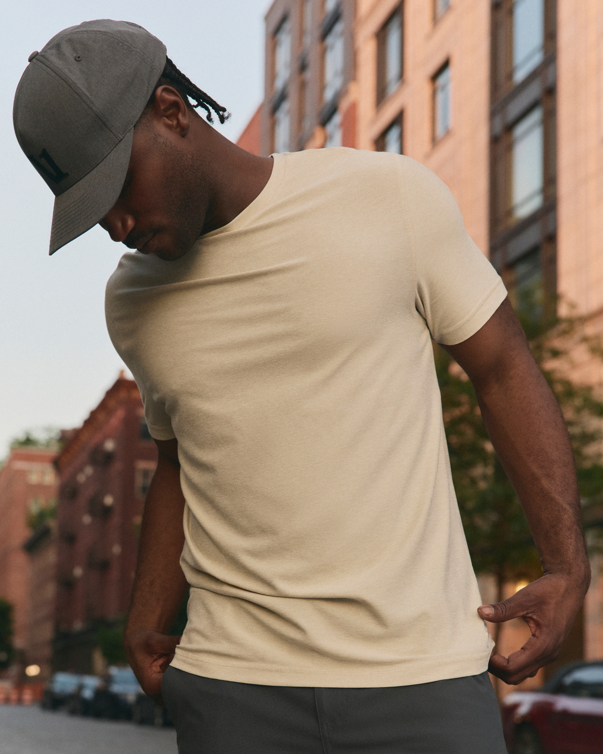 man wearing vuori short sleeve top