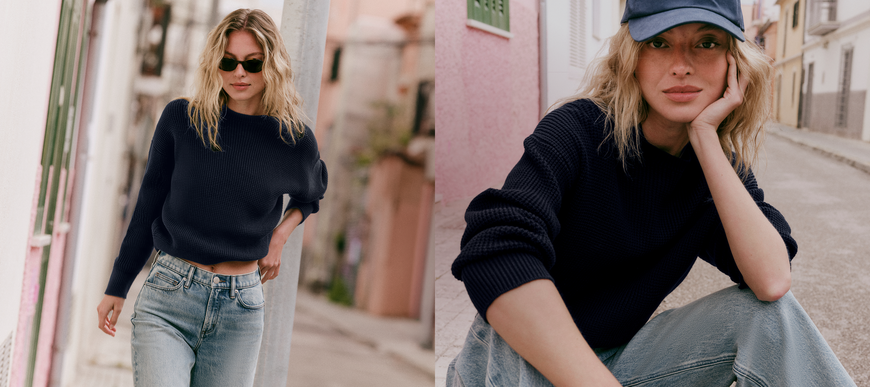 woman wearing vuori sweater and jeans