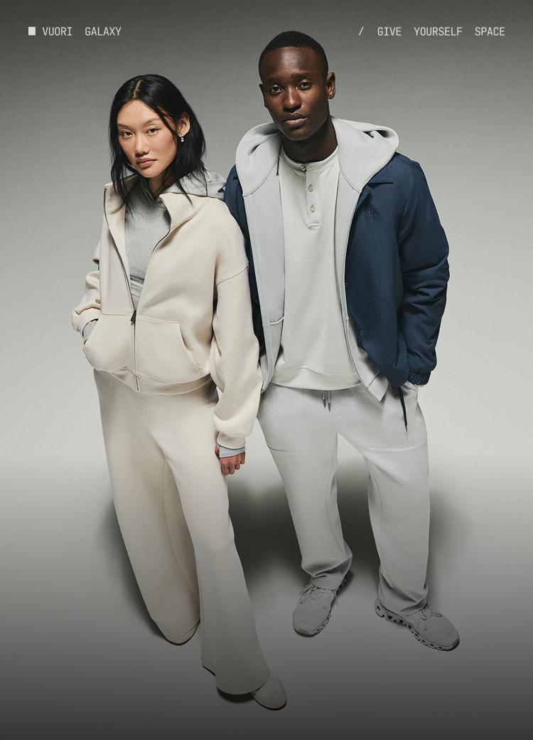man and woman wearing vuori galaxy