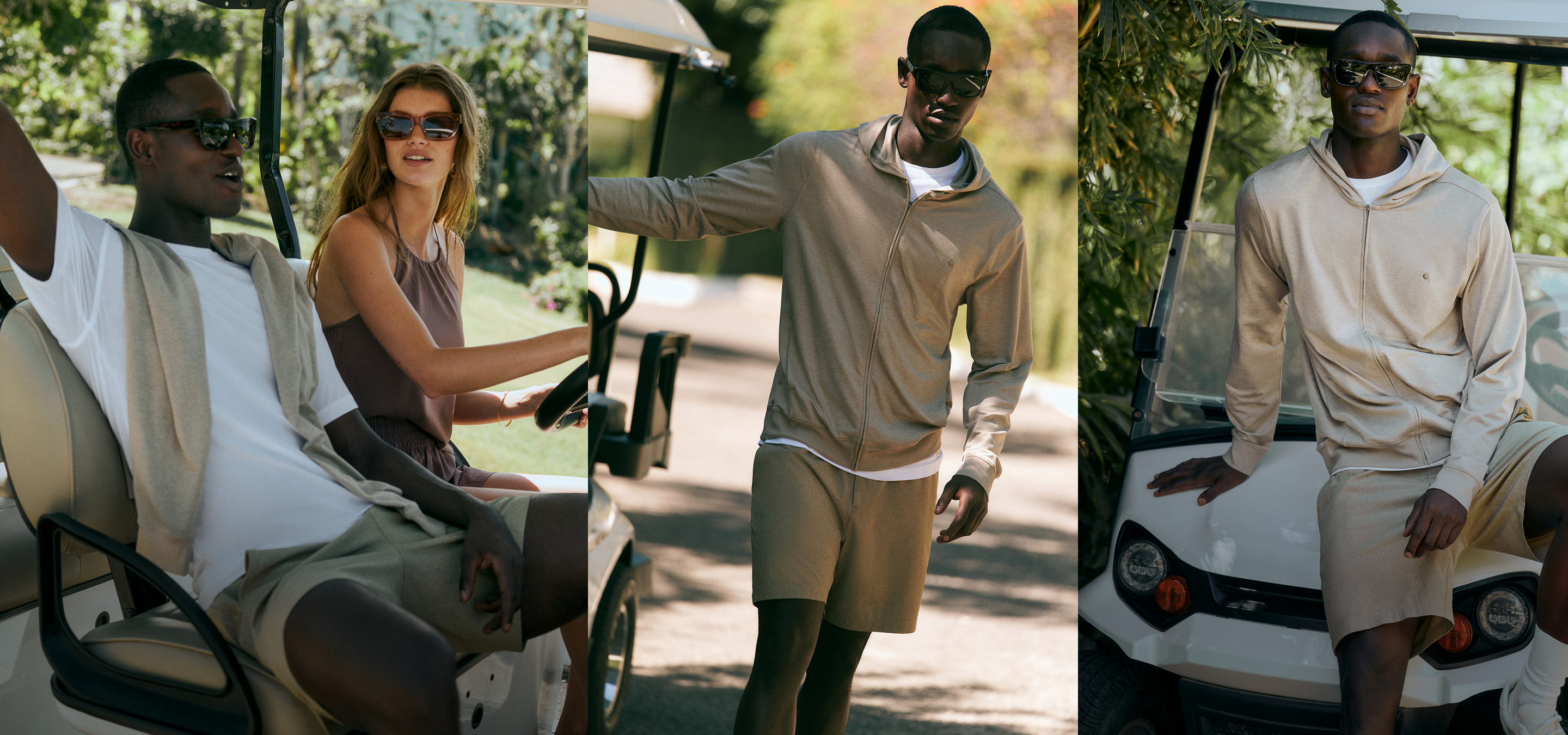 man and woman wearing vuori clothing on golf cart