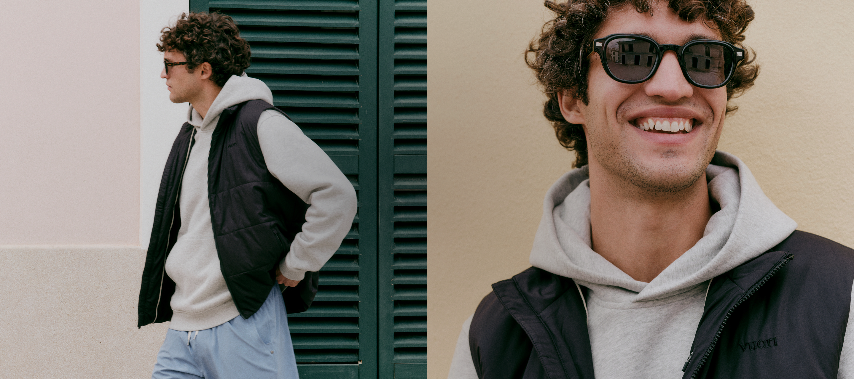 Man wearing vuori vest and hoodie