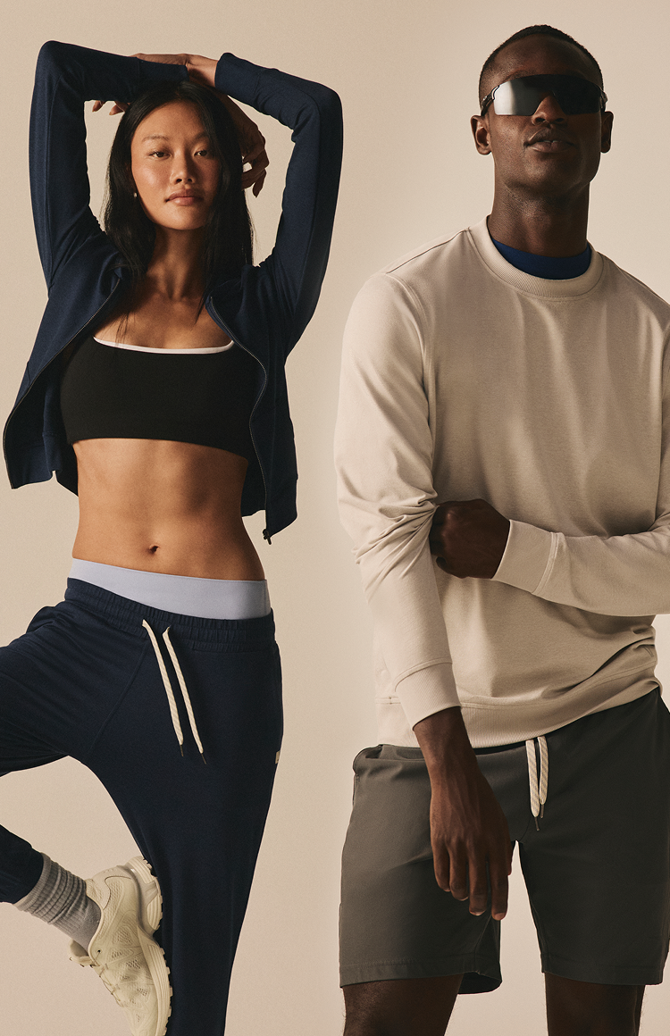 man and woman wearing vuori dreamknit