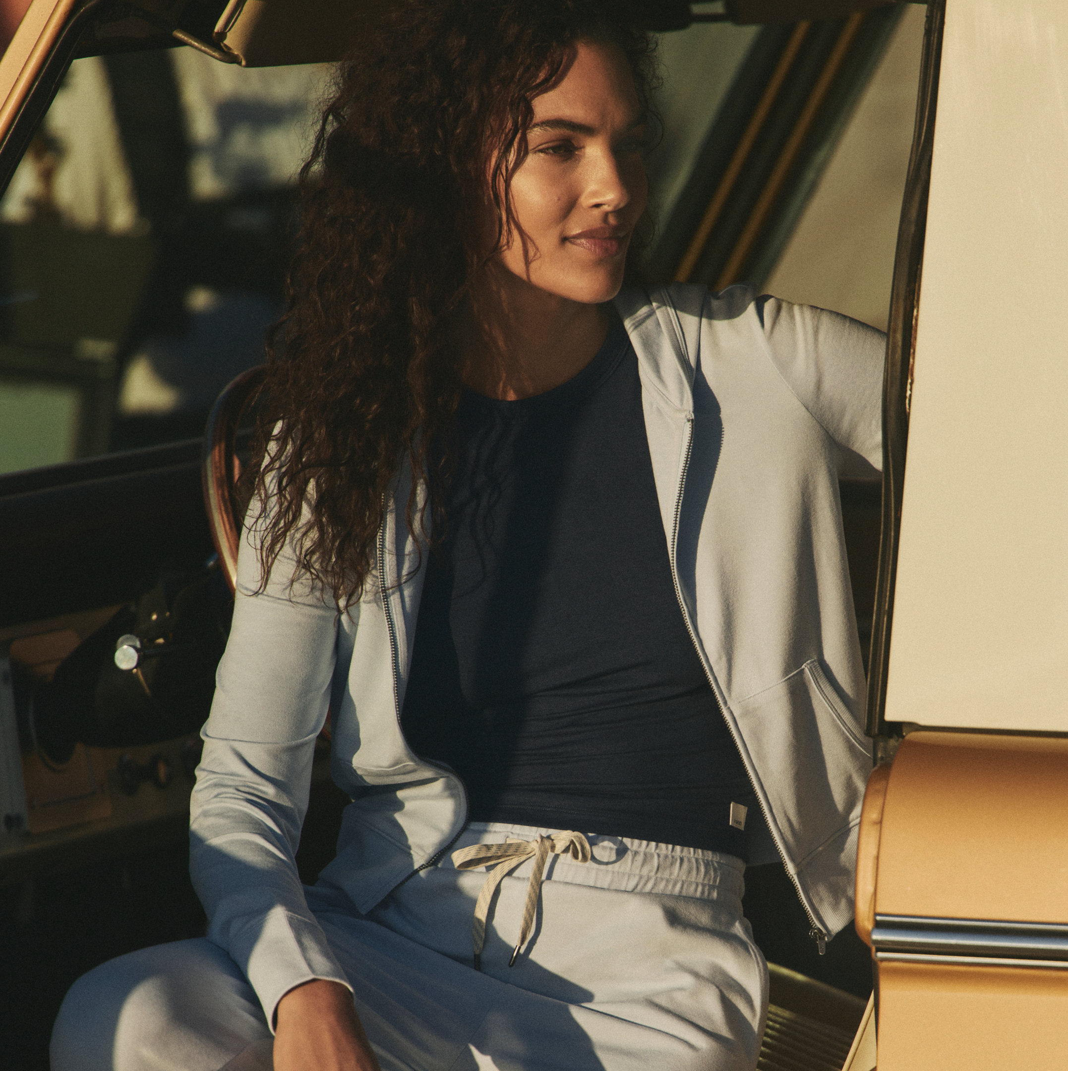 woman wearing vuori DreamKnit