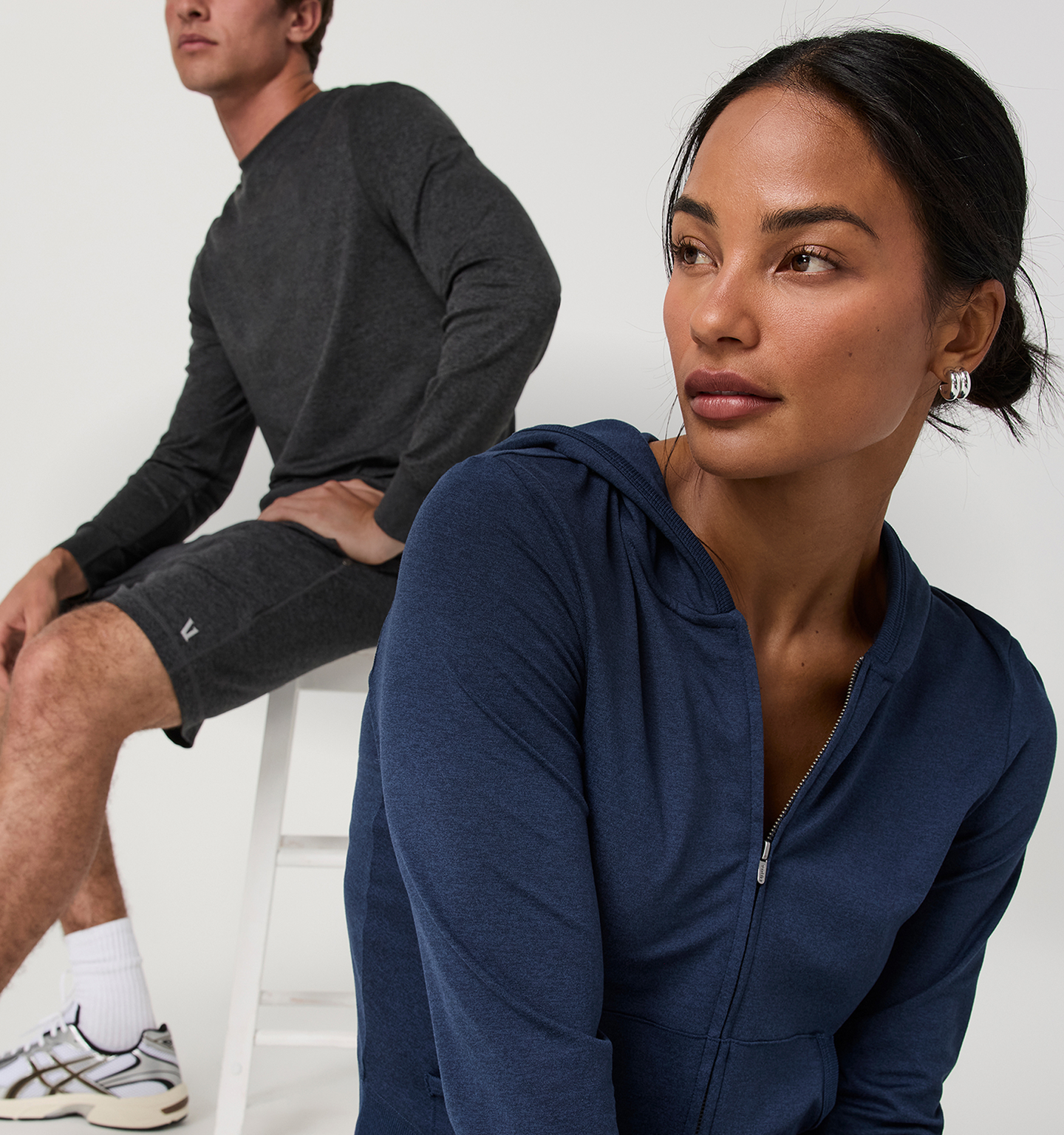 man and woman wearing vuori dreamknit