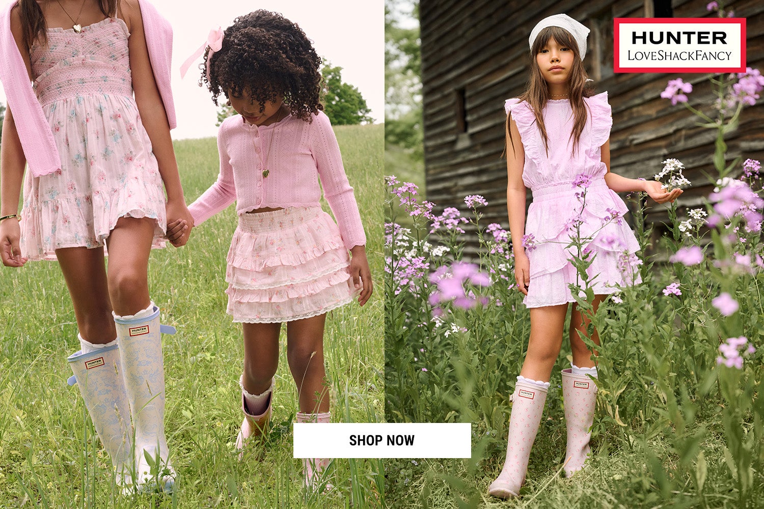 Our limited-edition collection has arrived, bringing LoveShackFancy’s signature florals to iconic Hunter rain boots for women and kids.