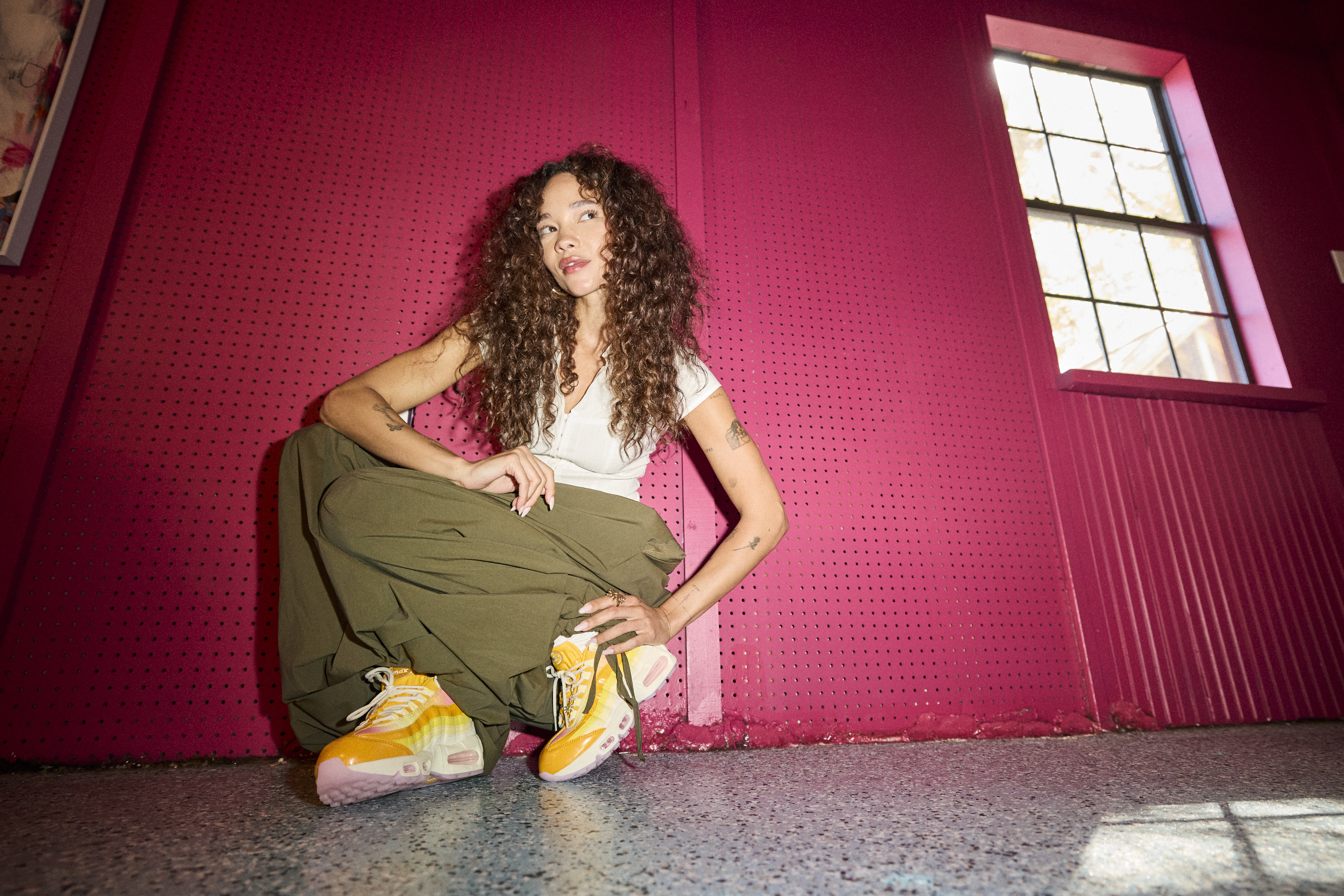 Womens Nike Air Max 95 Big Bubble Athletic Shoe - University Gold / Coconut Milk / Pink Foam