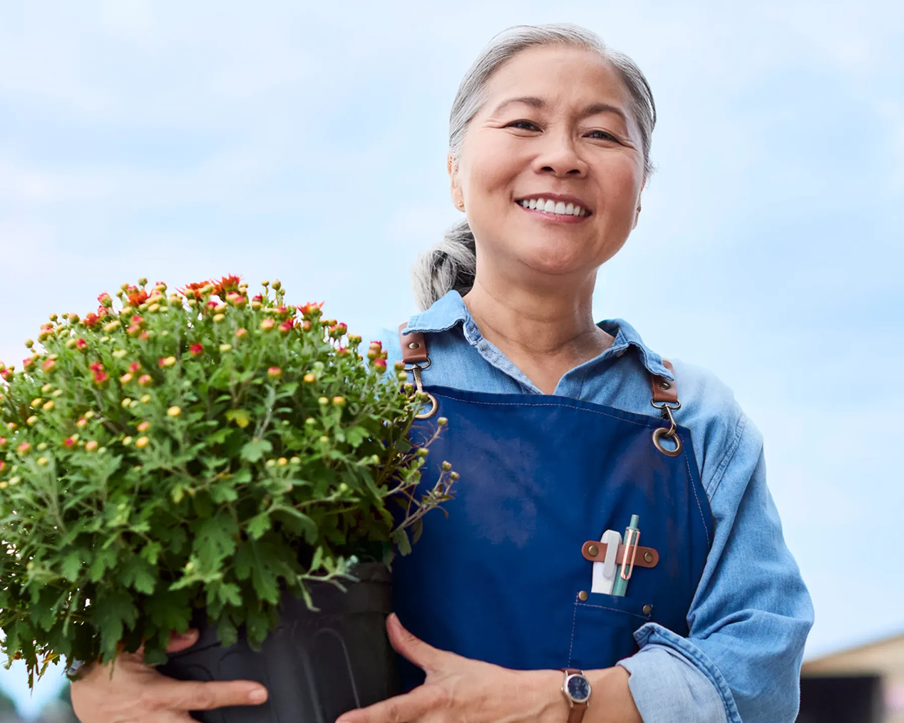 Smiling older woman wearing a blue apron holding a potted plant outdoors.