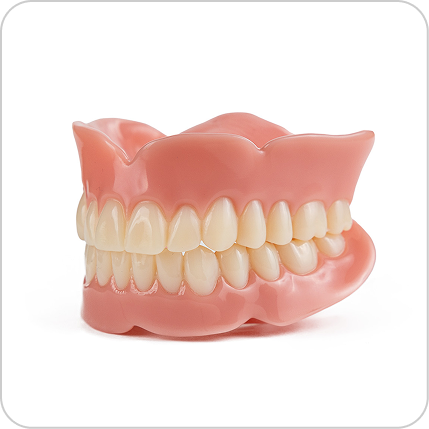 Alt Text: Aspen Dental Basic full dentures displaying uniform teeth and a smooth, single-tone pink gum base.