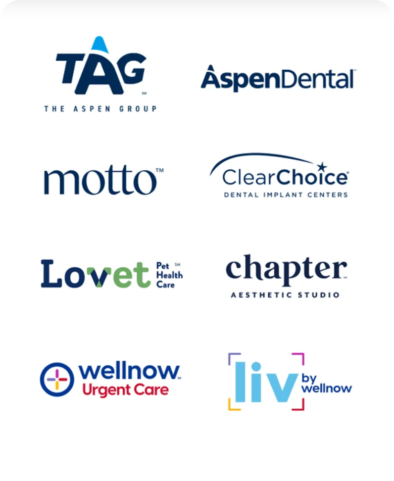 Logos for TAG – The Aspen Group brands including Aspen Dental, Motto, ClearChoice Dental Implant Centers, Lovet Pet Health Care, Chapter Aesthetic Studio, WellNow Urgent Care, and Liv by WellNow.
