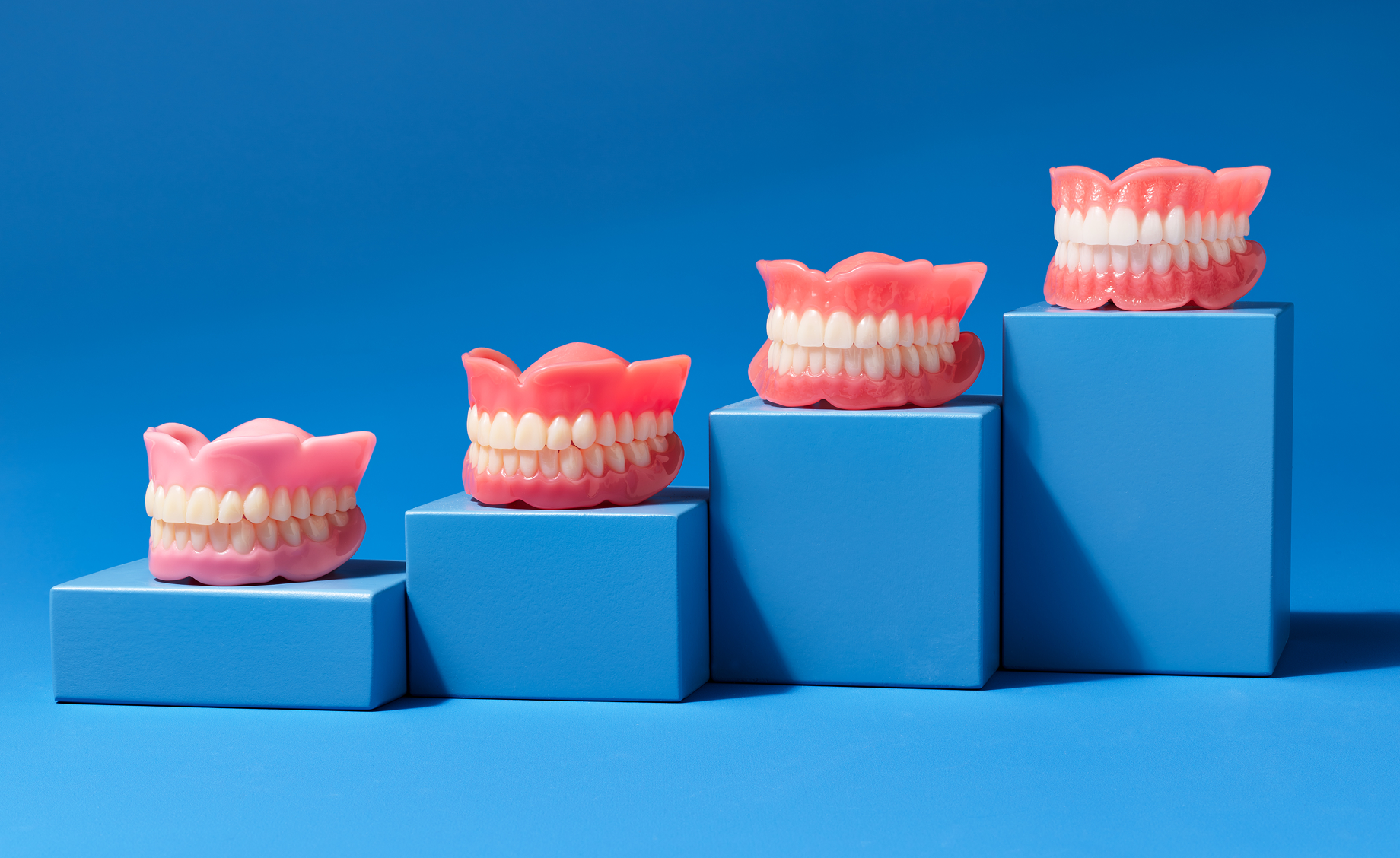 Alt text:
Denture models displayed on ascending blocks to represent denture pricing options and treatment levels.
