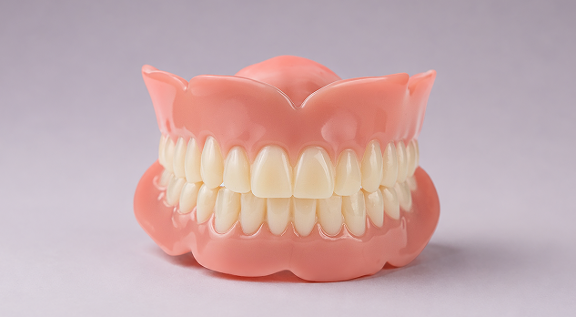 Basic full upper and lower denture model with pink gum base on a blue background.