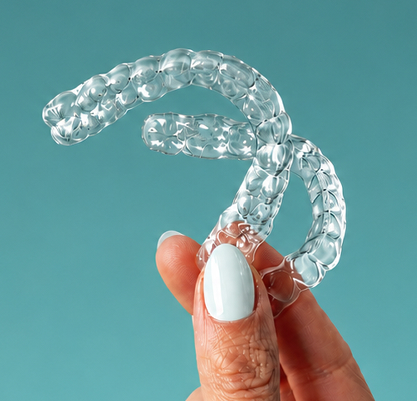Close up of a hand holding two clear plastic dental aligners against a teal background.