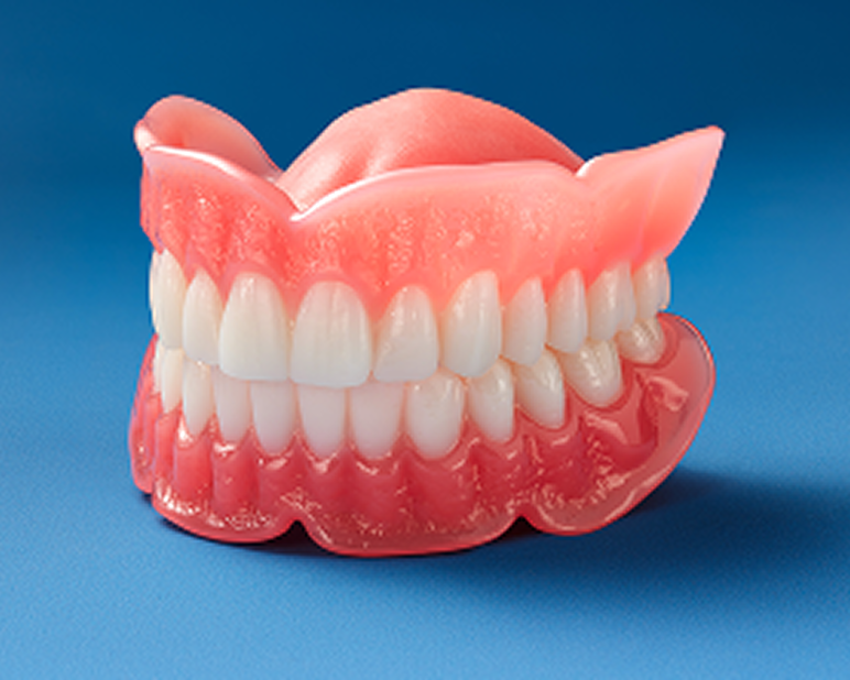 alt text: Realistic full dentures model displayed on a blue background.