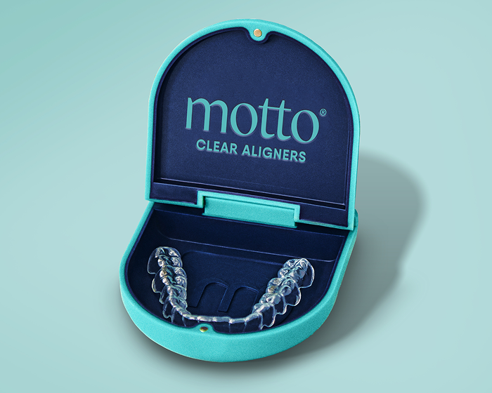 Motto Clear Aligners case from Aspen Dental, offering $300 off clear aligner treatment, featured alongside teeth whitening services.
