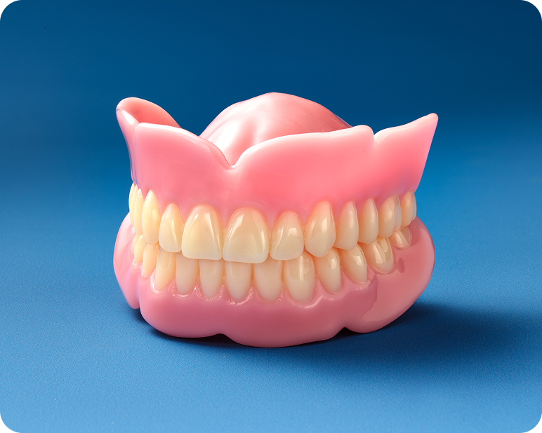 Basic full upper and lower denture model with pink gum base on a blue background.