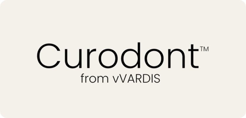 Graphic of a black logo that reads "Curodont from vVardis" on a gray background