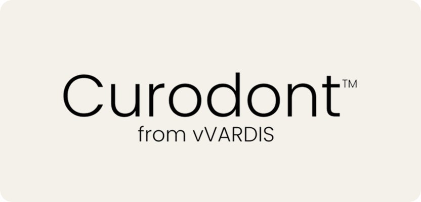 Graphic of a black logo that reads "Curodont from vVardis" on a gray background