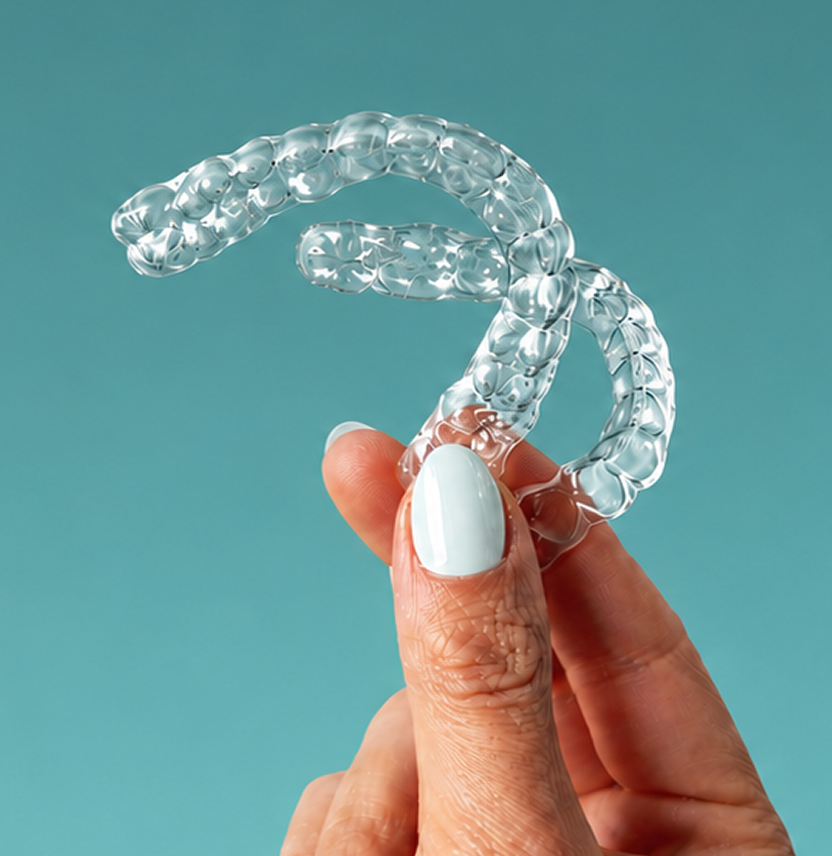 Motto Clear Aligners from Aspen Dental July promotion: $300 off, shown in open aligner case with clear trays.