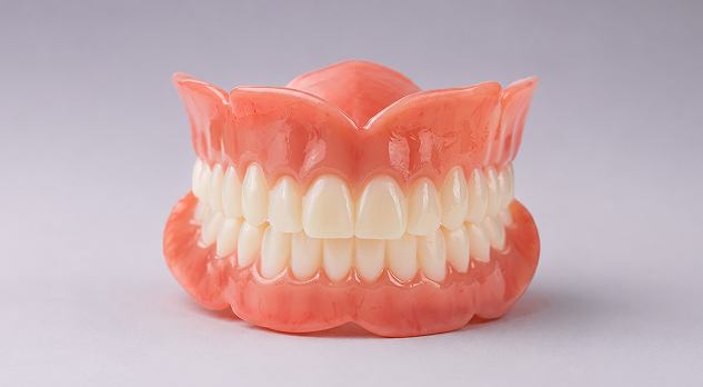 Classic full upper and lower denture model with pink gum base on a gray background.