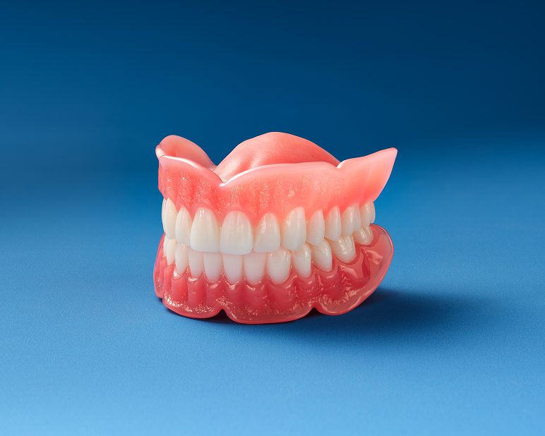 Dentures on a blue background