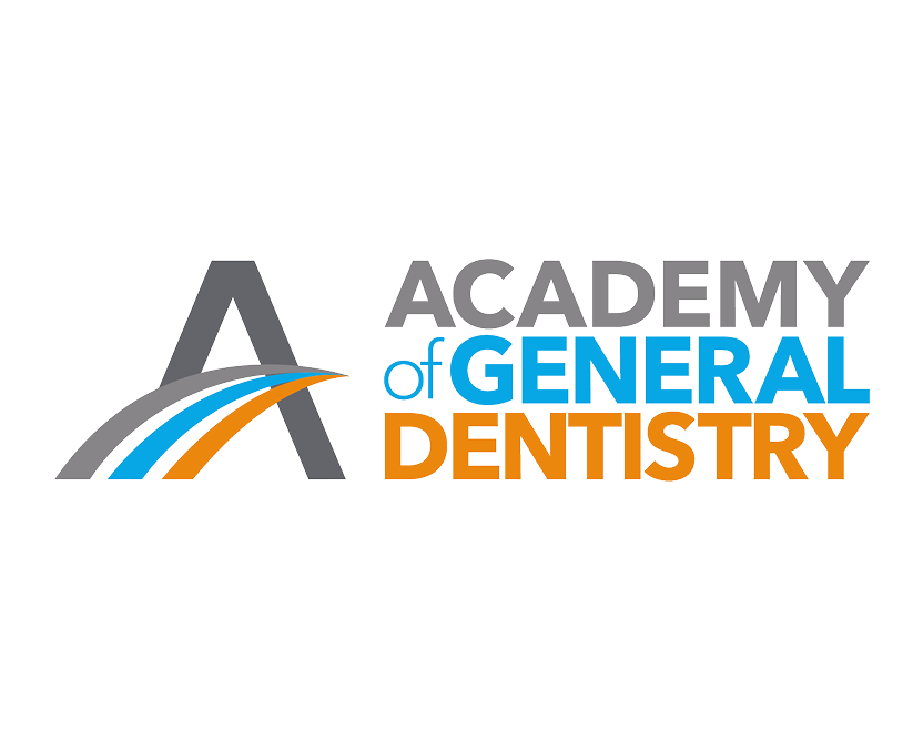 Academy of General Dentistry logo with gray, blue, and orange text on a light background