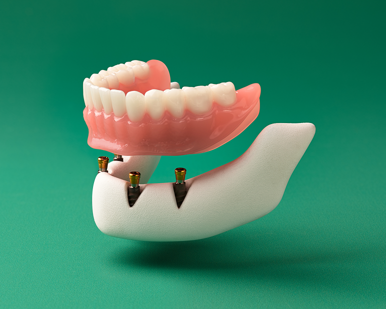 3D dental model rendering of an implant-supported denture demonstrating how it securely attaches to the dental implants.