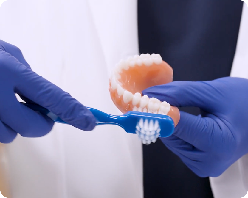 Alt text:
Dental professional brushing a denture with a toothbrush.