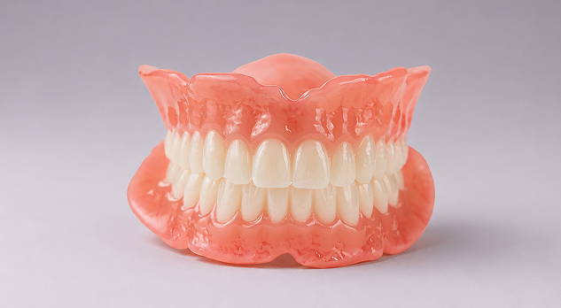 Signature full upper and lower denture model with pink gum base on a gray gradient background.