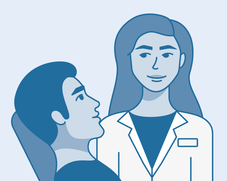 alt text: Illustration of an Aspen Dental dentist smiling and consulting with a patient in a dental chair about their denture options.