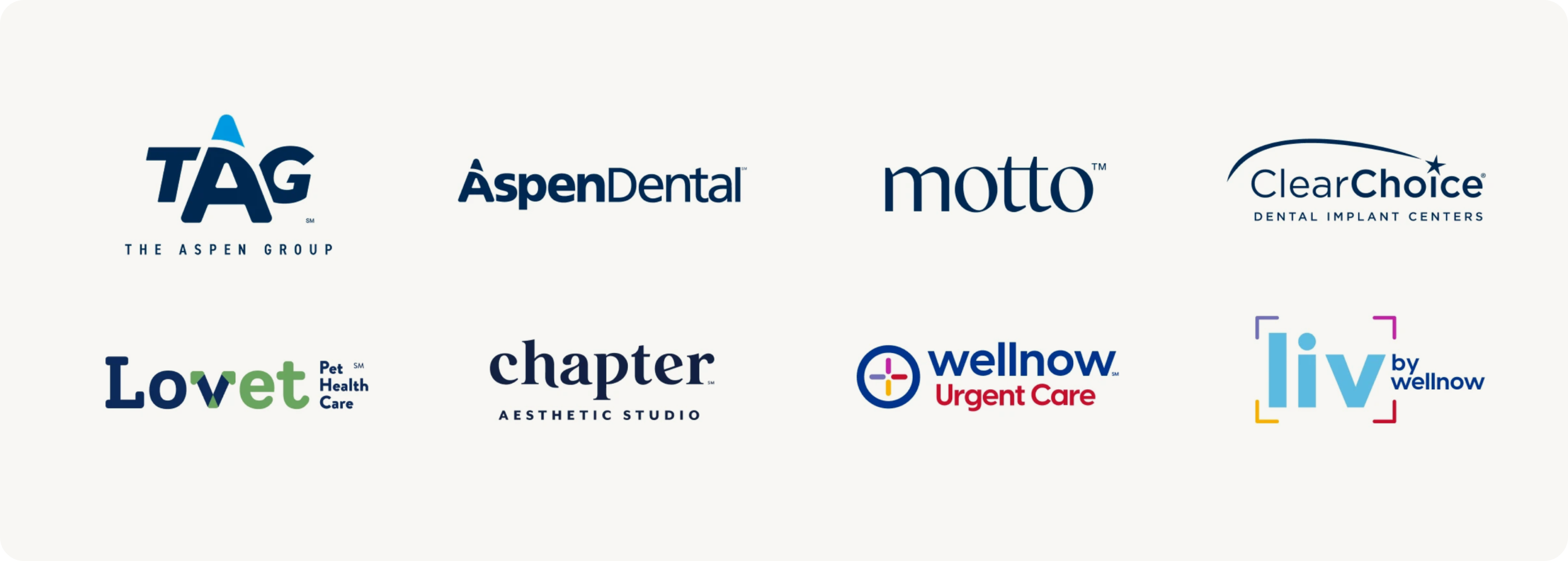 Logos for TAG – The Aspen Group brands including Aspen Dental, Motto, ClearChoice Dental Implant Centers, Lovet Pet Health Care, Chapter Aesthetic Studio, WellNow Urgent Care, and Liv by WellNow.