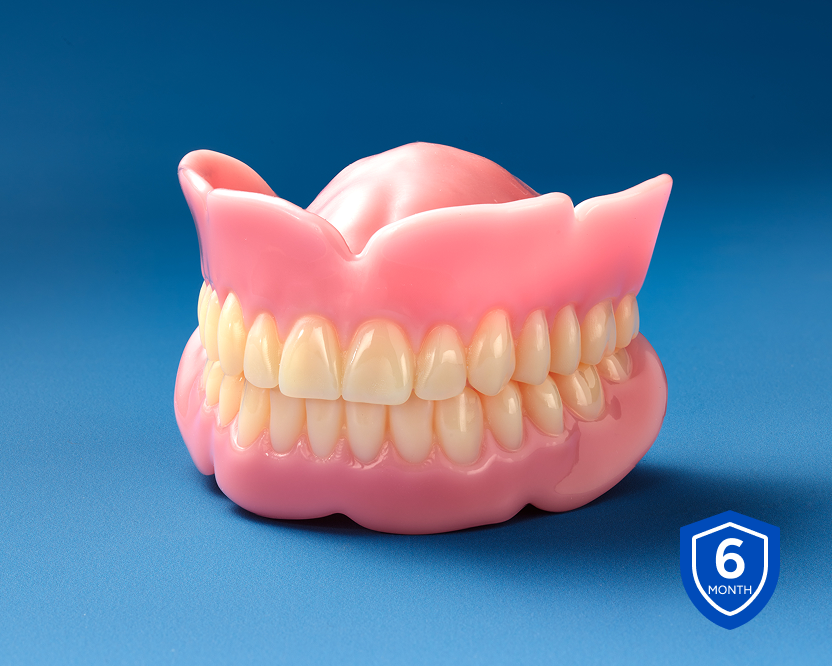 Full upper and lower denture model displayed on a blue background with a 6-month warranty badge.