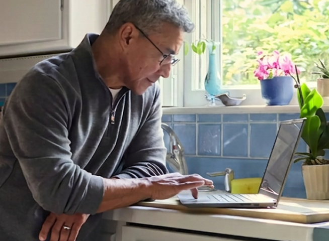 Man using laptop in kitchen