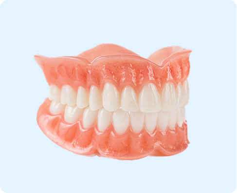 A set of artificial dentures featuring both upper and lower teeth. The dentures have pink gum material and white teeth, designed to mimic the appearance of natural teeth and gums.