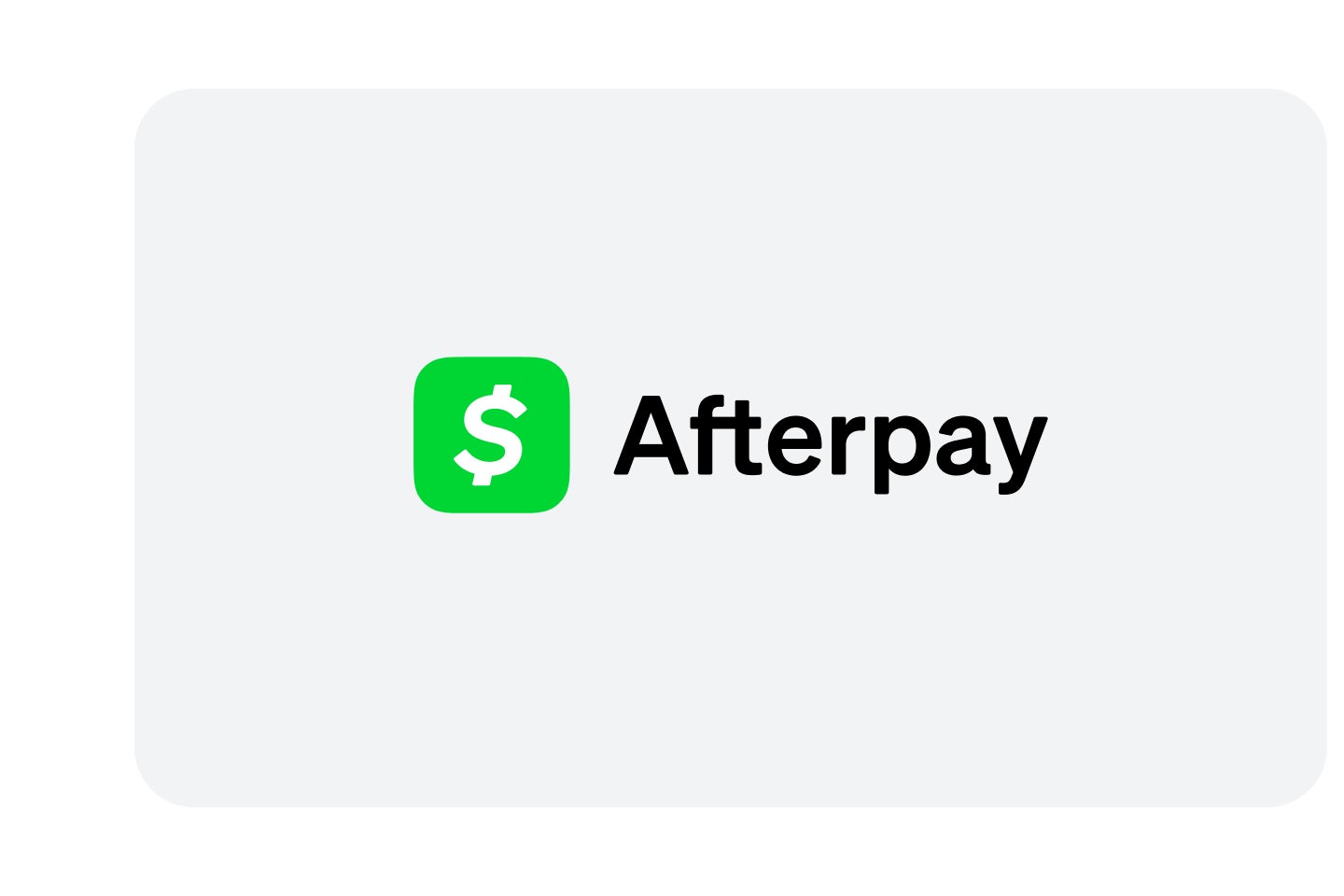 The Afterpay logo featuring a green dollar symbol icon and bold black text on a light gray background, representing flexible payment options.