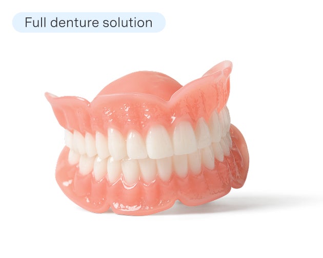 A set of full upper and lower Signature Elite dentures displayed with the text "Full denture solution"