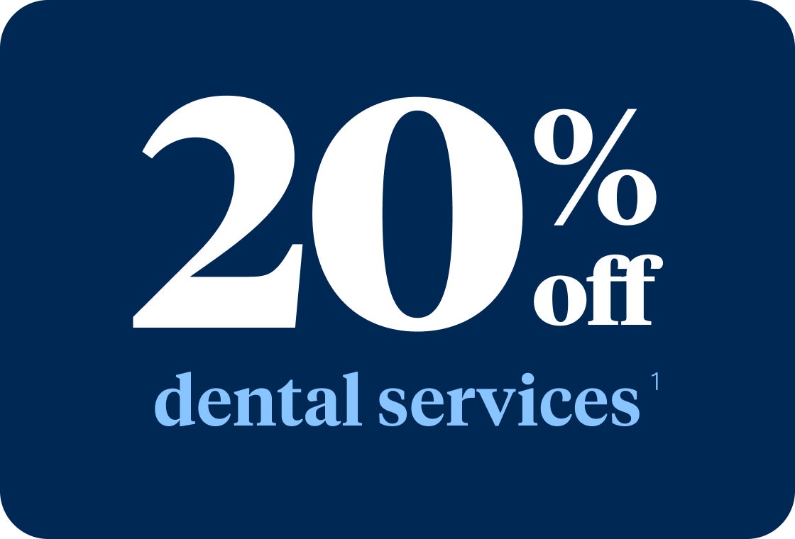 A promotional graphic displaying “20% off dental services¹” in bold white and blue text on a dark background.