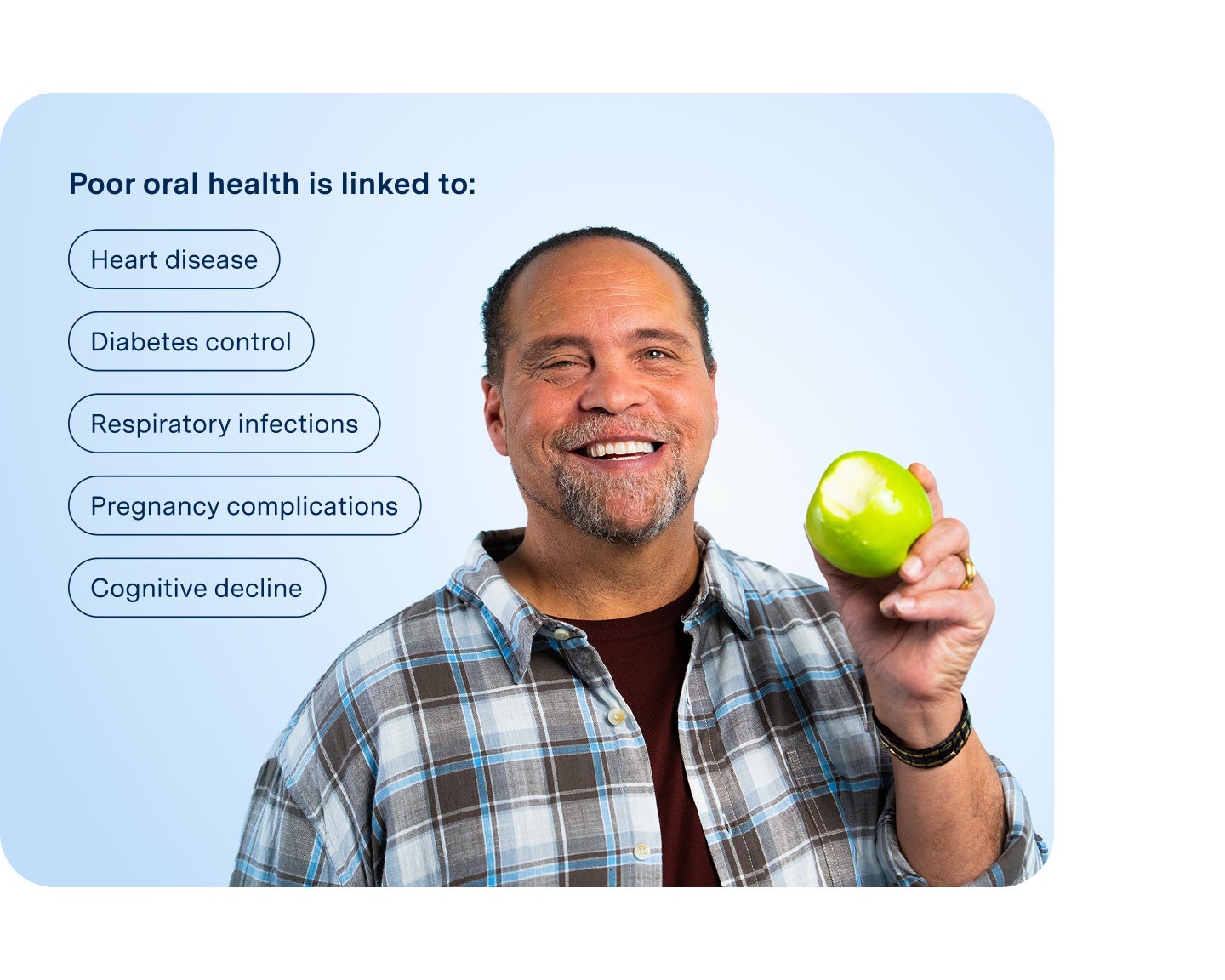 A smiling man in a plaid shirt holds a green apple with a bite taken out of it, symbolizing confidence and comfort after dental treatment, against a light blue background.