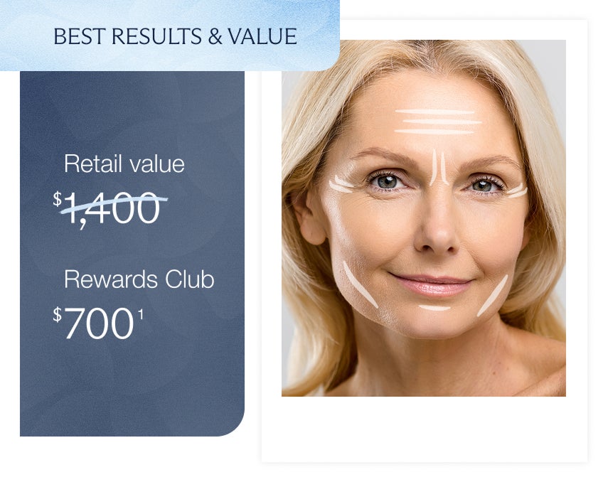 A woman smiles, a graphic overlaid over her face indicating areas for Xeomin treatment, next to text which reads "Best results and value, Retail value $1,400, Rewards club $700" promoting savings for Rewards Club members.