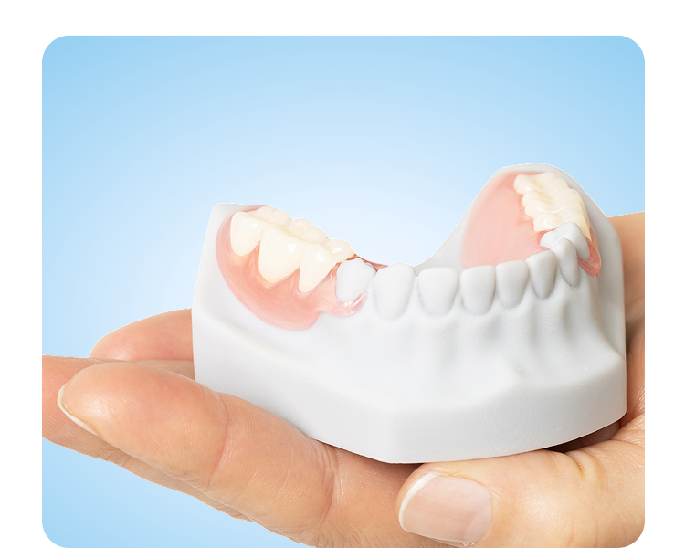 A close-up shot of a partial denture model being held in the palm of a hand. The model is a realistic representation of a denture with a pink, gum-like base and several white teeth.
