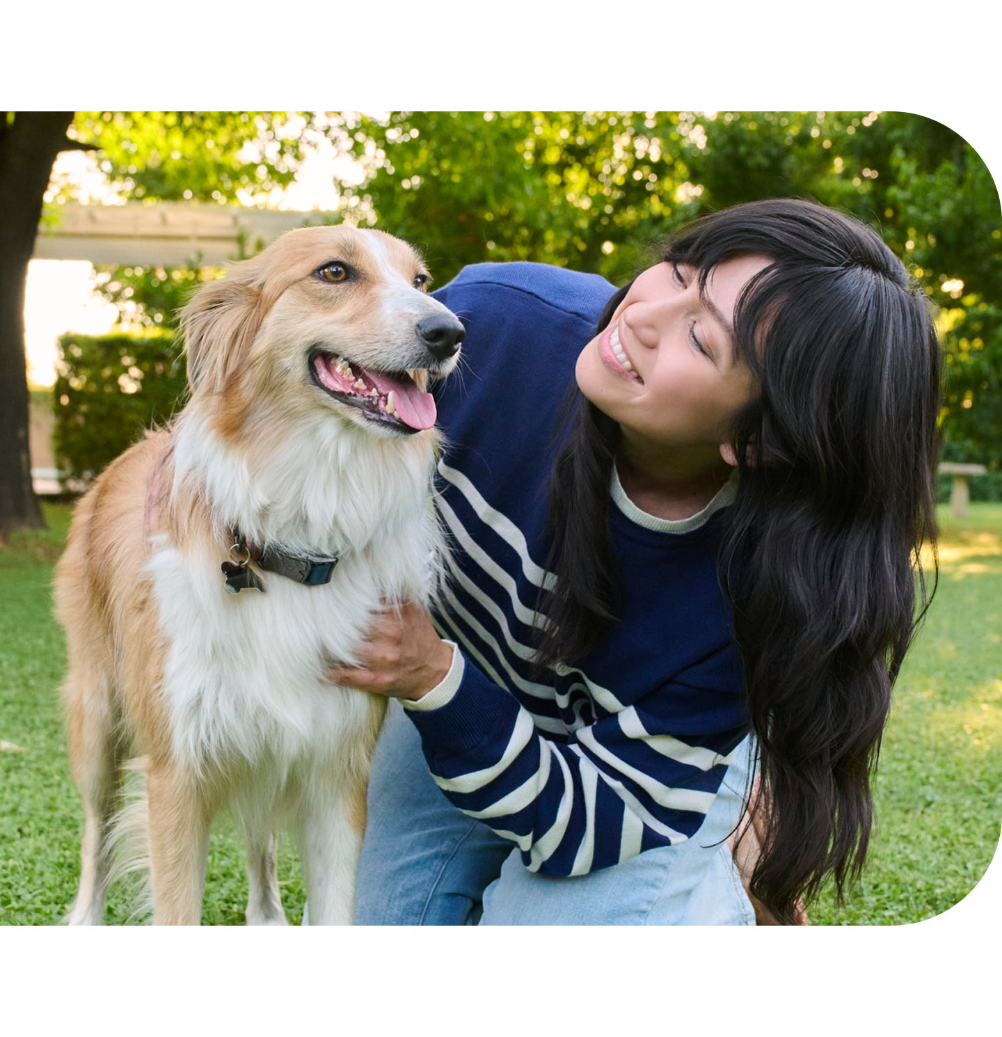 A woman kneels in the grass smiling at her dog, gently holding it close during a relaxed outdoor moment that reflects the everyday bond Lovet helps protect through dental care.