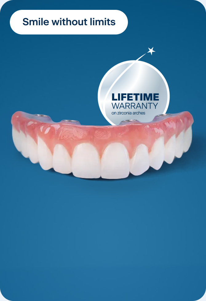 Full-arch zirconia dental implant bridge on a blue background. Text reads “Smile without limits” and “Lifetime warranty on zirconia arches.” Image shows a fixed full-arch implant prosthesis with natural-looking teeth backed by a lifetime warranty.